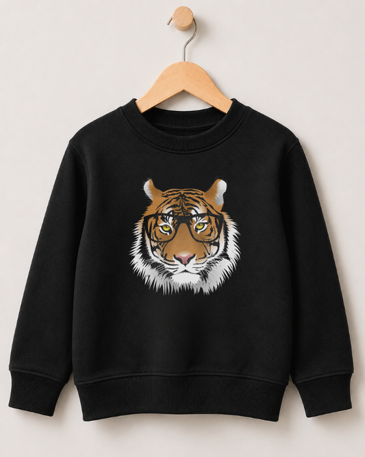 A kids black crewneck sweatshirt hanging on a wooden hanger against a light beige wall. The sweatshirt features a graphic print of a tiger's face wearing round black-rimmed glasses on the front.
