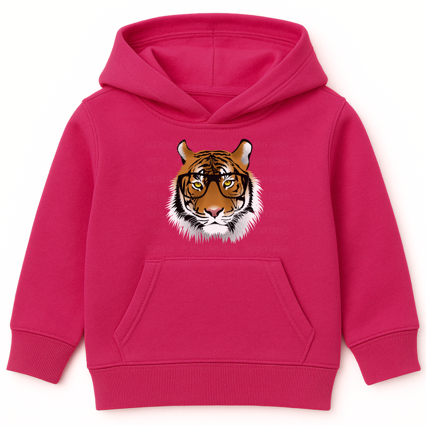 Kids hot pink hoodie with intelligent tiger face wearing glasses graphic on the front.