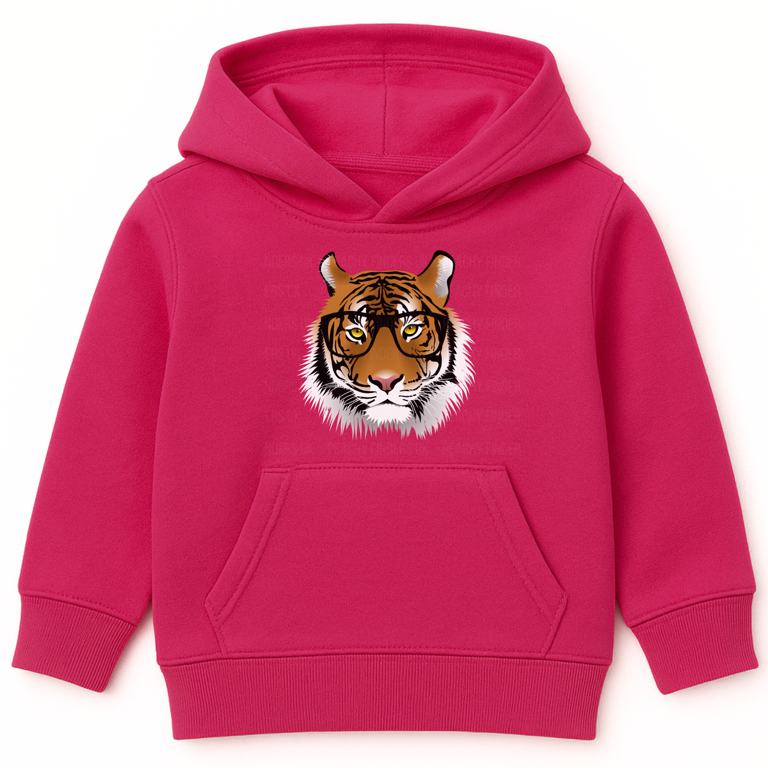 Kids hot pink hoodie with intelligent tiger face wearing glasses graphic on the front.