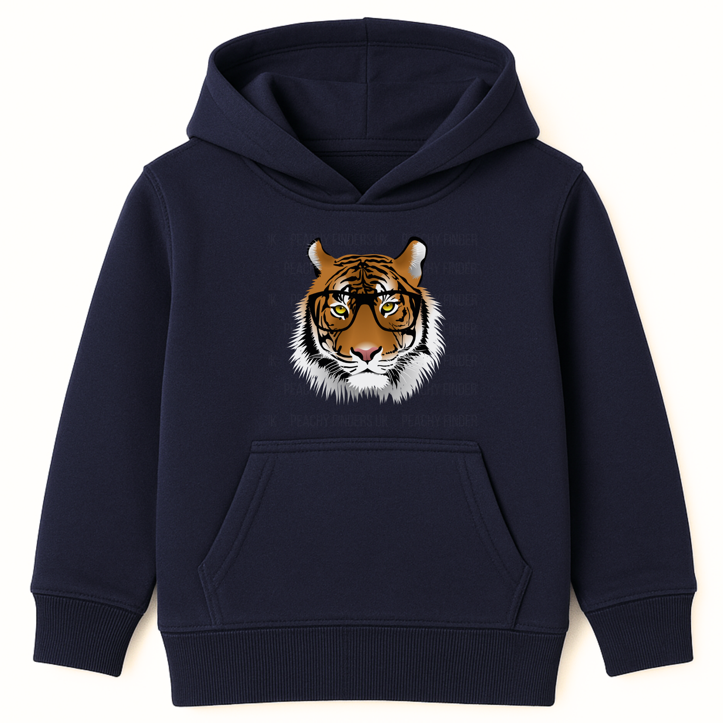 Kids navy hoodie with intelligent tiger face wearing glasses graphic on the front.