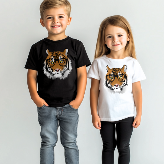 A young boy wearing a black tiger printed t-shirt standing next to a little girl wearing a matching white tiger t-shirt.