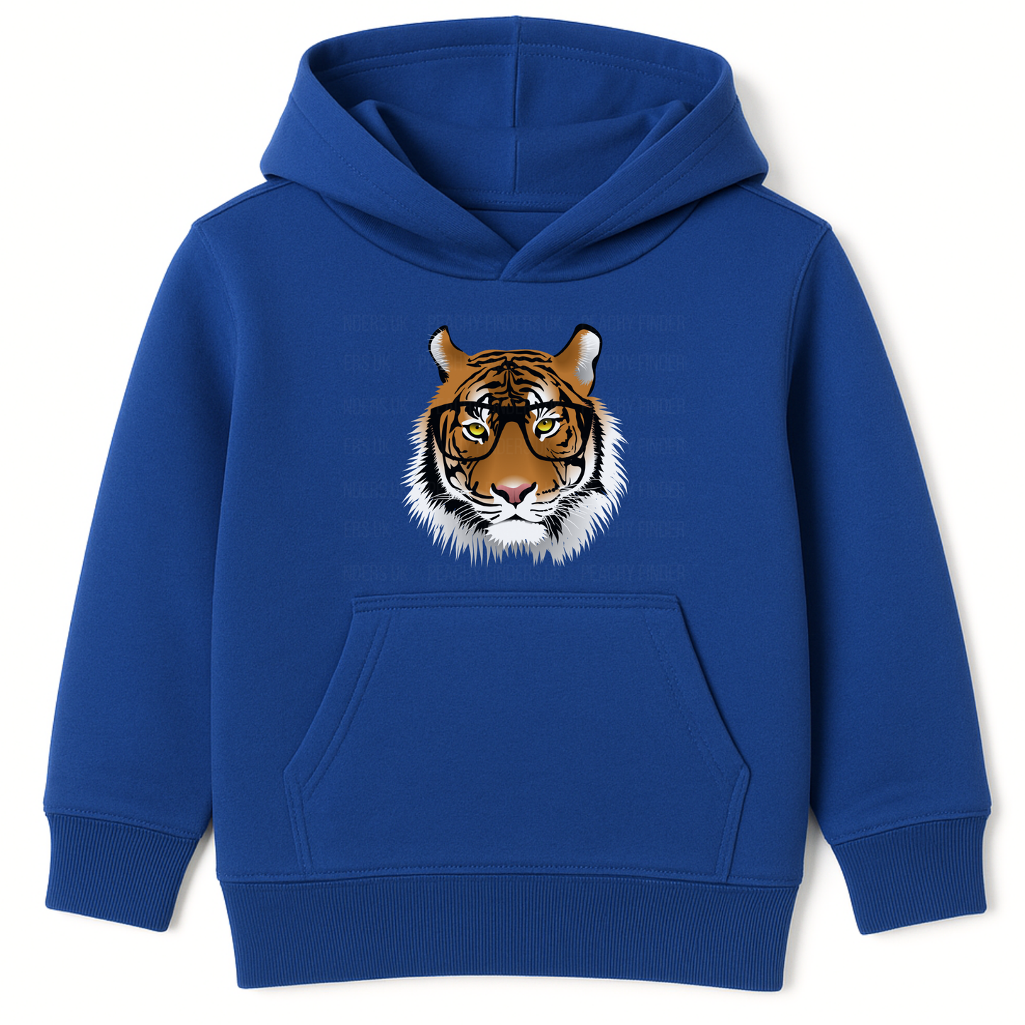 Kids royal blue hoodie with intelligent tiger face wearing glasses graphic on the front.