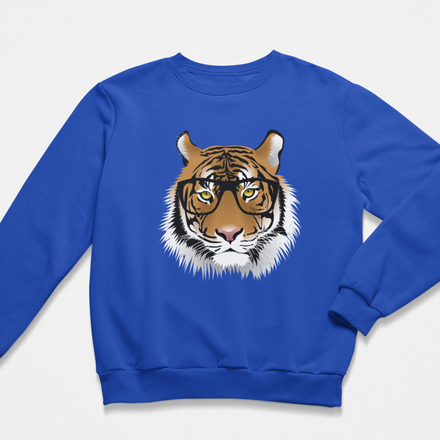A kids royal blue crewneck sweatshirt featuring a graphic print of a tiger's face wearing black-rimmed glasses on the front, displayed against a clean white background.