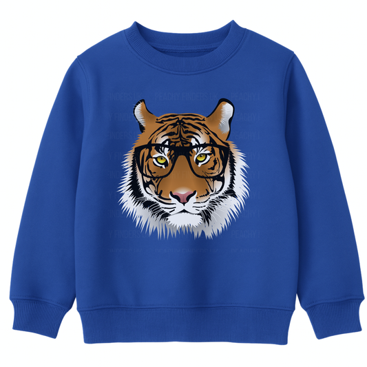 Kids royal blue sweatshirt with a tiger face design on a white background