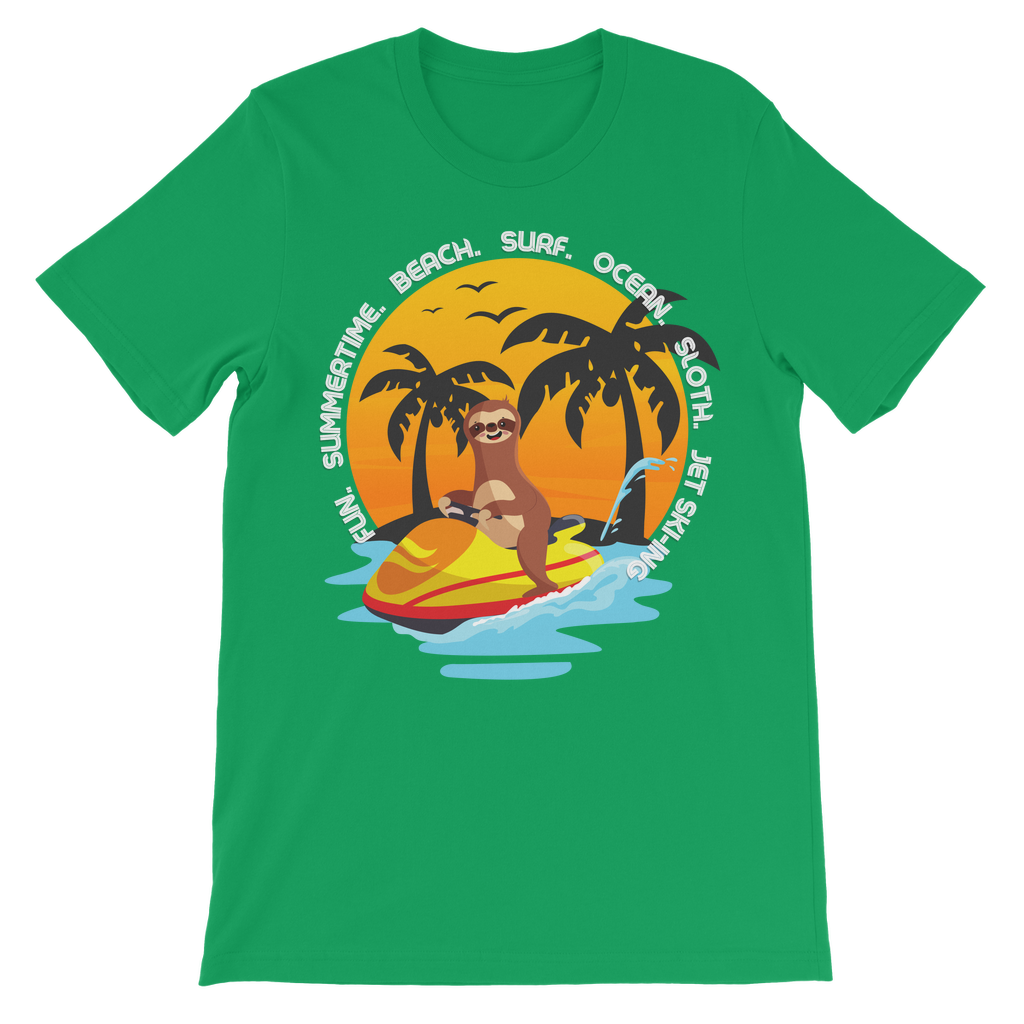 Green kids T-shirt featuring a sloth on a yellow and red jet ski with blue water, sunset and palm trees and circular beach-themed text, fun summer sloth top for ages 5–13.