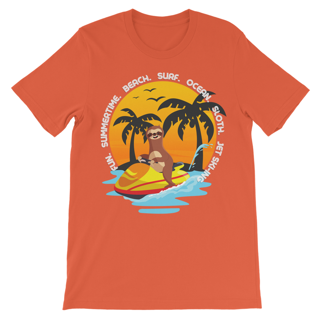 Orange kids T-shirt with a fun sloth riding a yellow and red jet ski on blue water, sunset and palm trees in the background and circular beach-themed wording, summer sloth tee ages 5–13.