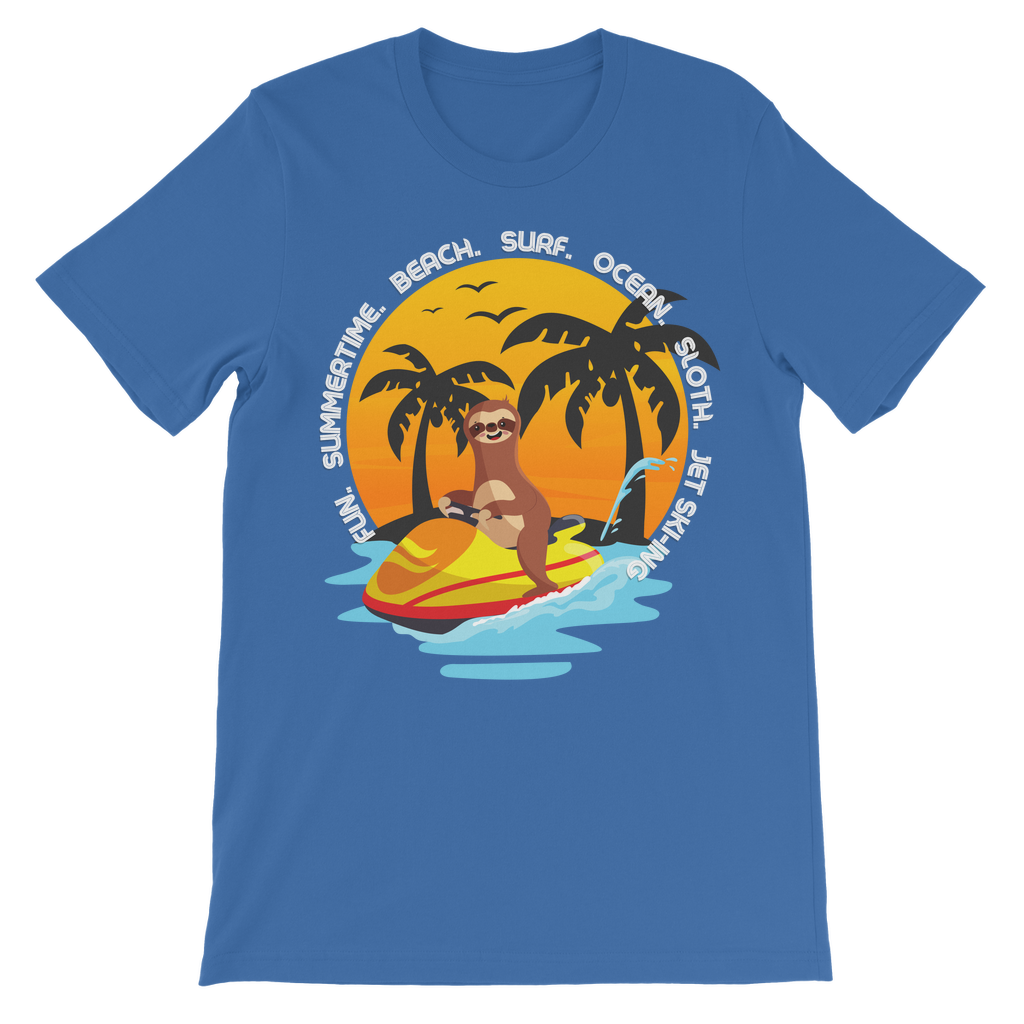 Royal blue kids T-shirt showing a sloth riding a jet ski on blue waves with a sunset, palm trees and circular beach wording, jet skiing sloth T-shirt for children aged 5–13.