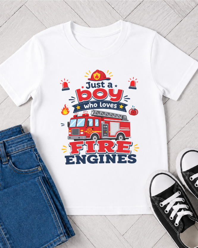 Flat lay outfit with white kids “Just a Boy Who Loves Fire Engines” T-shirt, denim jeans and black and white pumps on a wooden background.