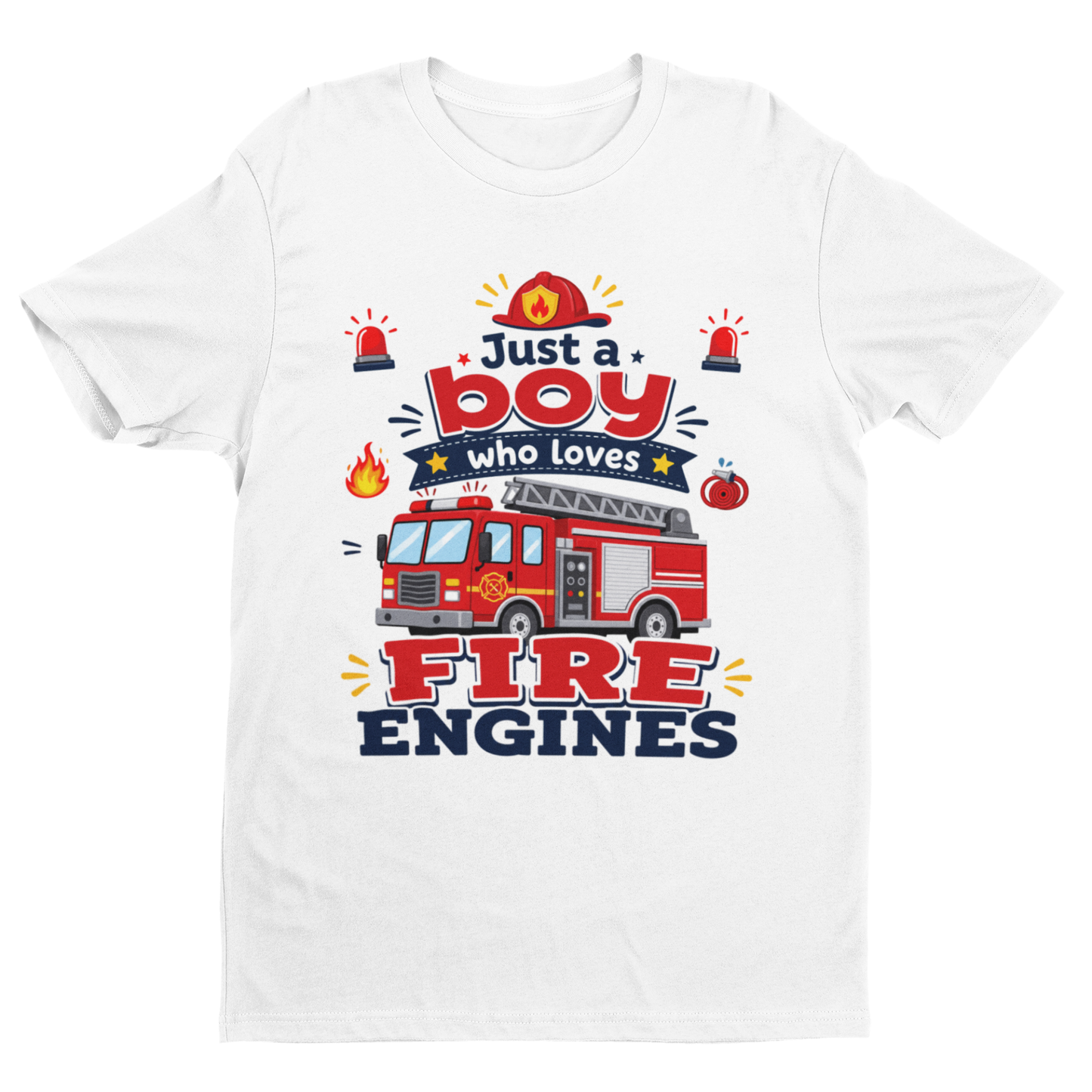 Kids white cotton t-shirt with a colourful 'Just a boy who loves fire engines' design.