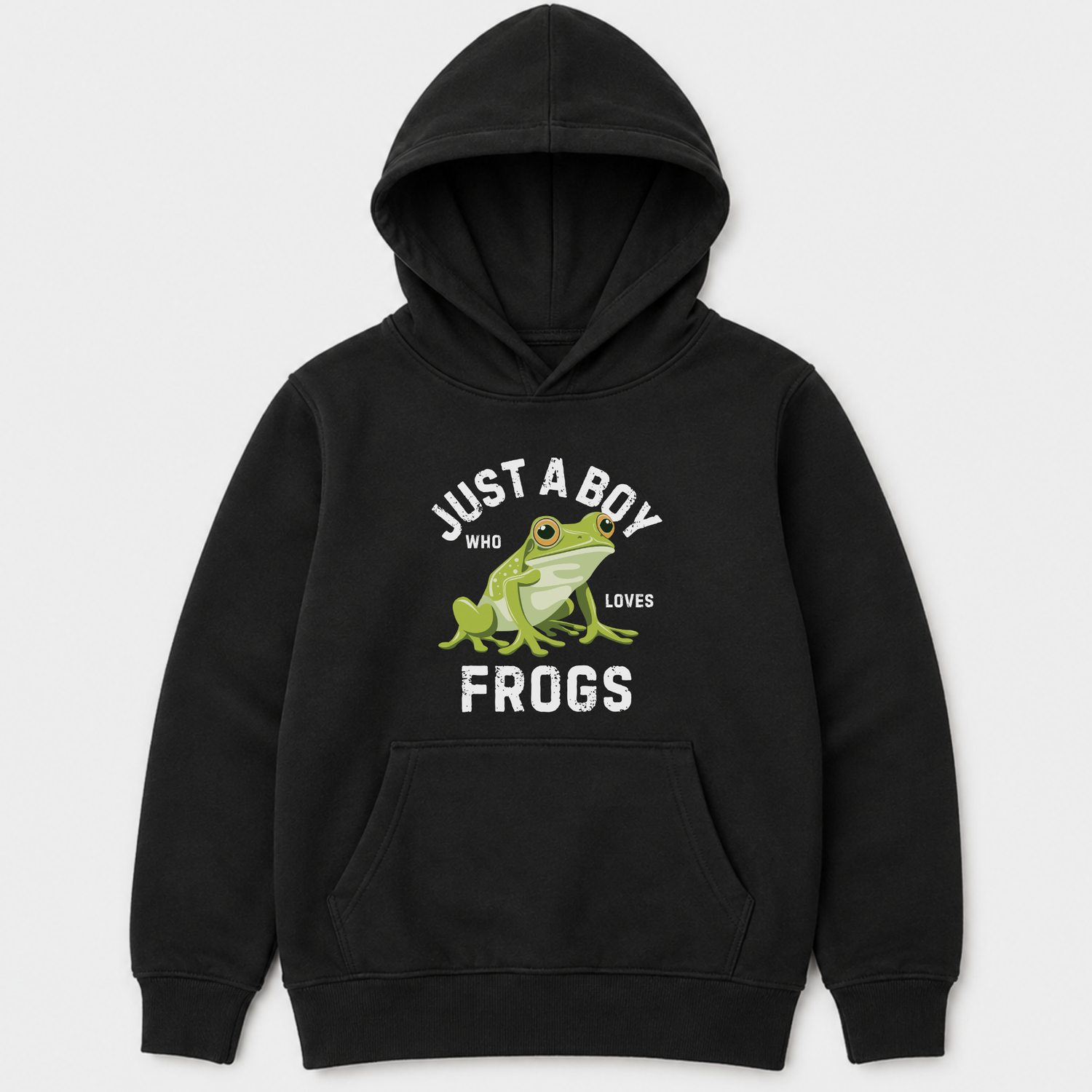 Kids frog hoodie in black featuring a “Just A Boy Who Loves Frogs” design with a green frog graphic and bold white lettering.