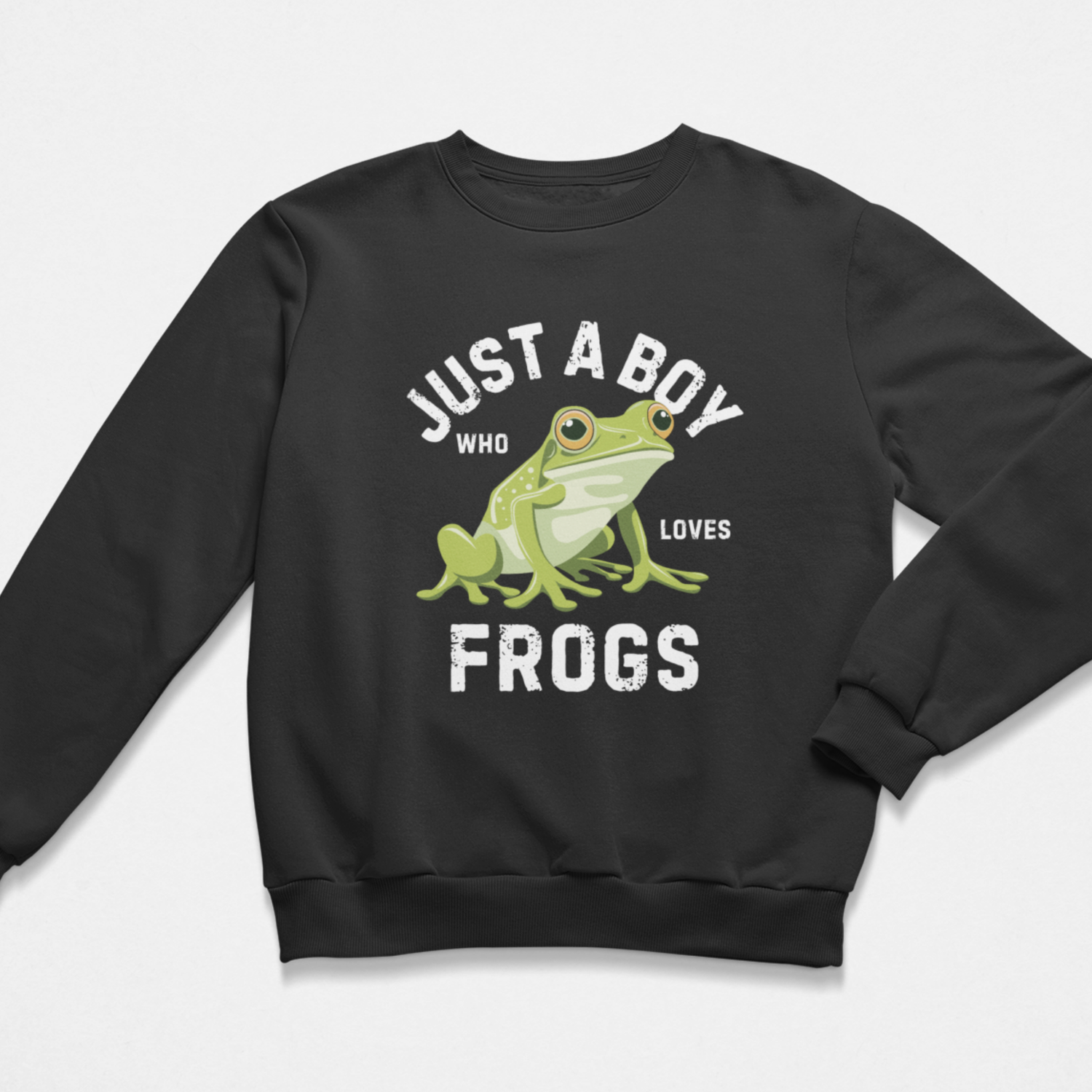 Kids frog lover sweatshirt in black featuring a bold “Just A Boy Who Loves Frogs” design with a large green frog illustration on the front.