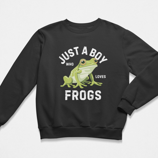 Kids frog lover sweatshirt in black featuring a bold “Just A Boy Who Loves Frogs” design with a large green frog illustration on the front.