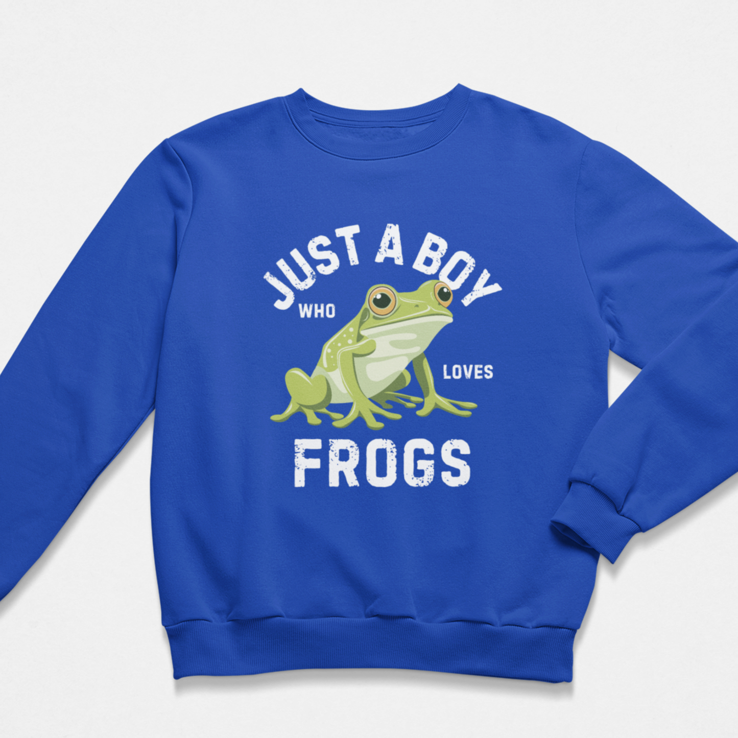 Royal blue boys frog sweatshirt with “Just A Boy Who Loves Frogs” slogan and cute green frog graphic, perfect for kids who love frogs and wildlife.