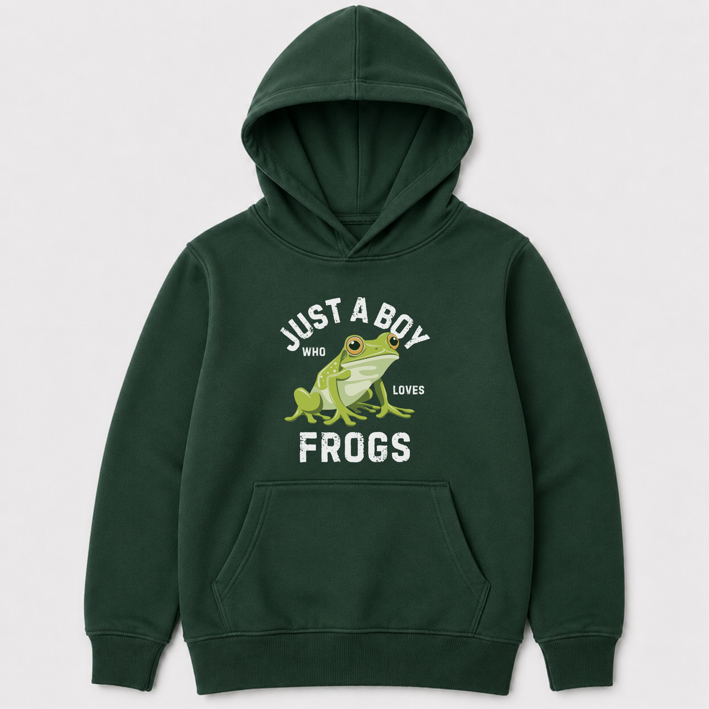Dark green boys frog lover hoodie with cute frog illustration, perfect for children who love frogs, wildlife and outdoor adventures.