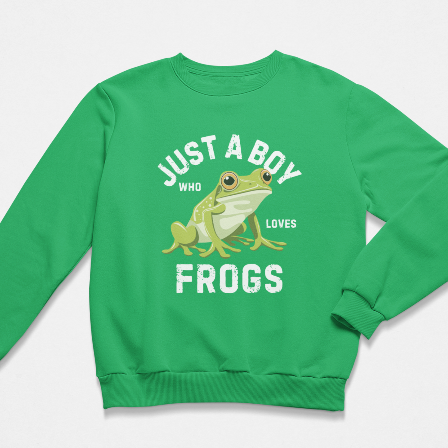 Green boys animal sweatshirt with fun frog design and “Just A Boy Who Loves Frogs” text, ideal for nature-loving children and frog fans.