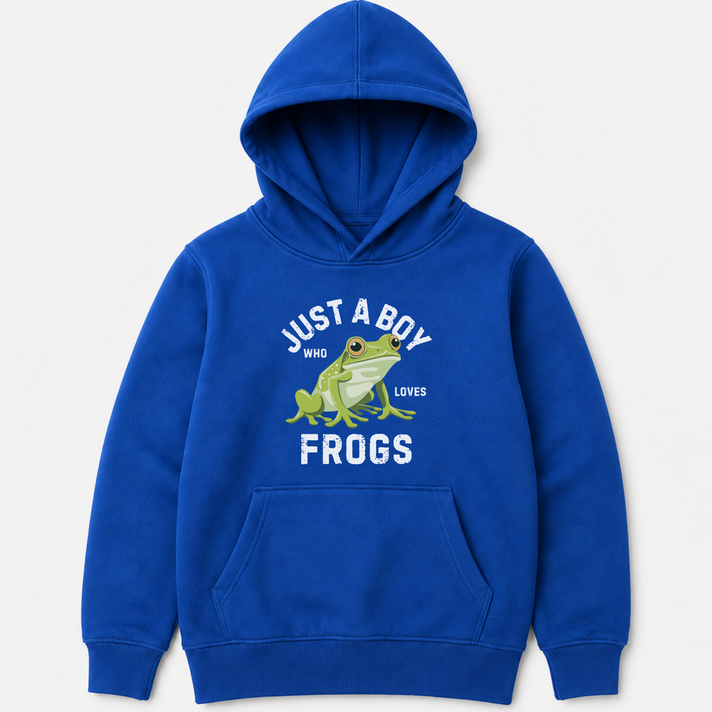 A royal blue kids' pullover hoodie with a front kangaroo pocket and a graphic print of a green frog with the text 'JUST A BOY WHO LOVES FROGS' in white, shown against a light gray background.