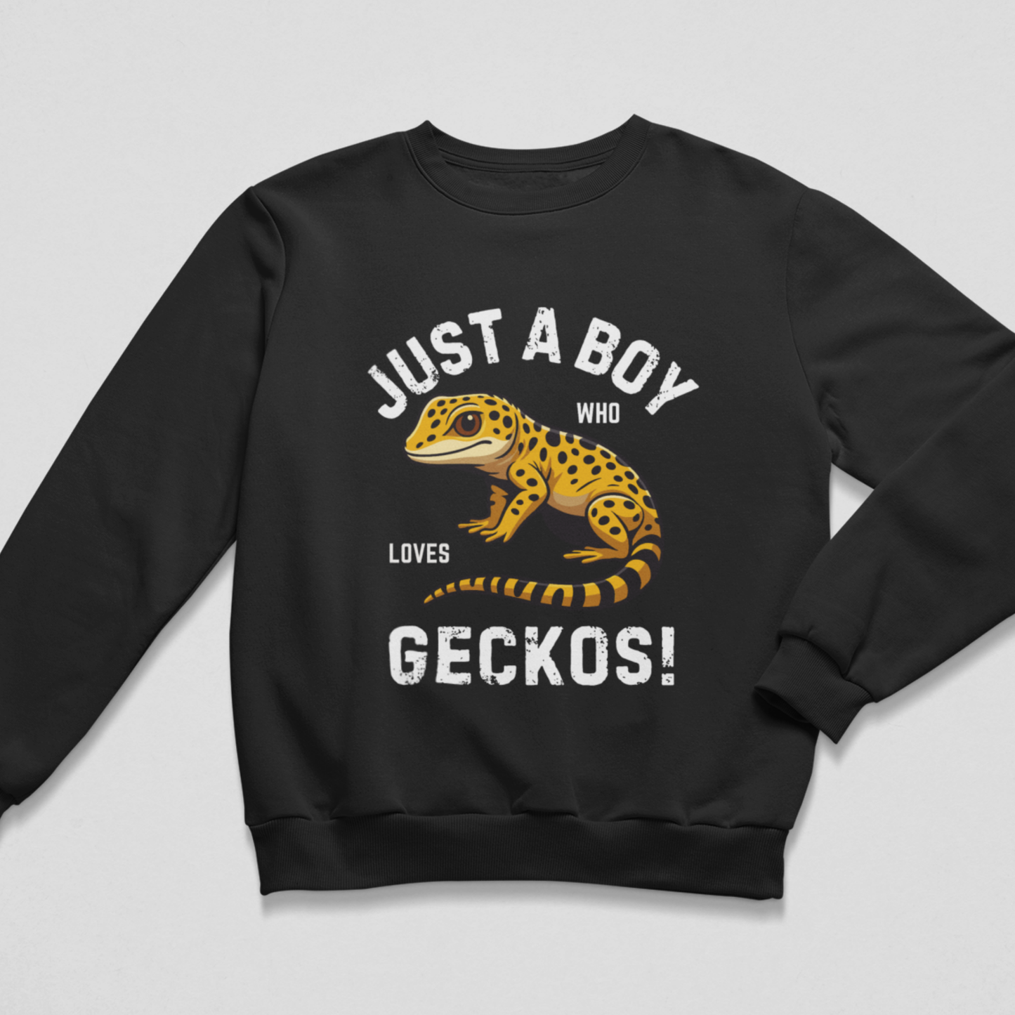 Kids sweatshirt in black with yellow leopard gecko graphic and distressed “Just a Boy Who Loves Geckos” lettering.