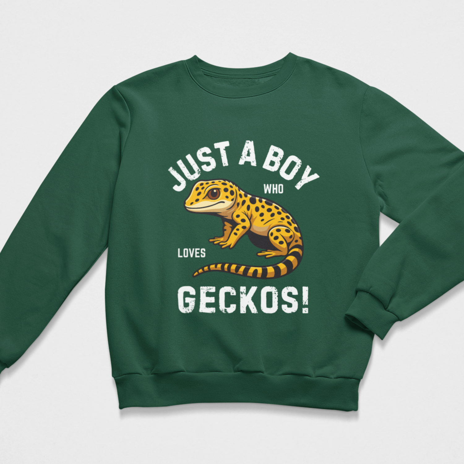 Dark green boys gecko sweatshirt featuring a spotted leopard gecko and bold white reptile lover slogan.