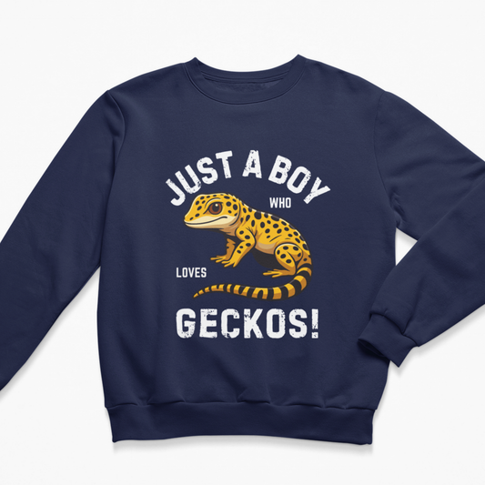 Navy kids sweatshirt with colourful leopard gecko illustration and “Just a Boy Who Loves Geckos” front print.