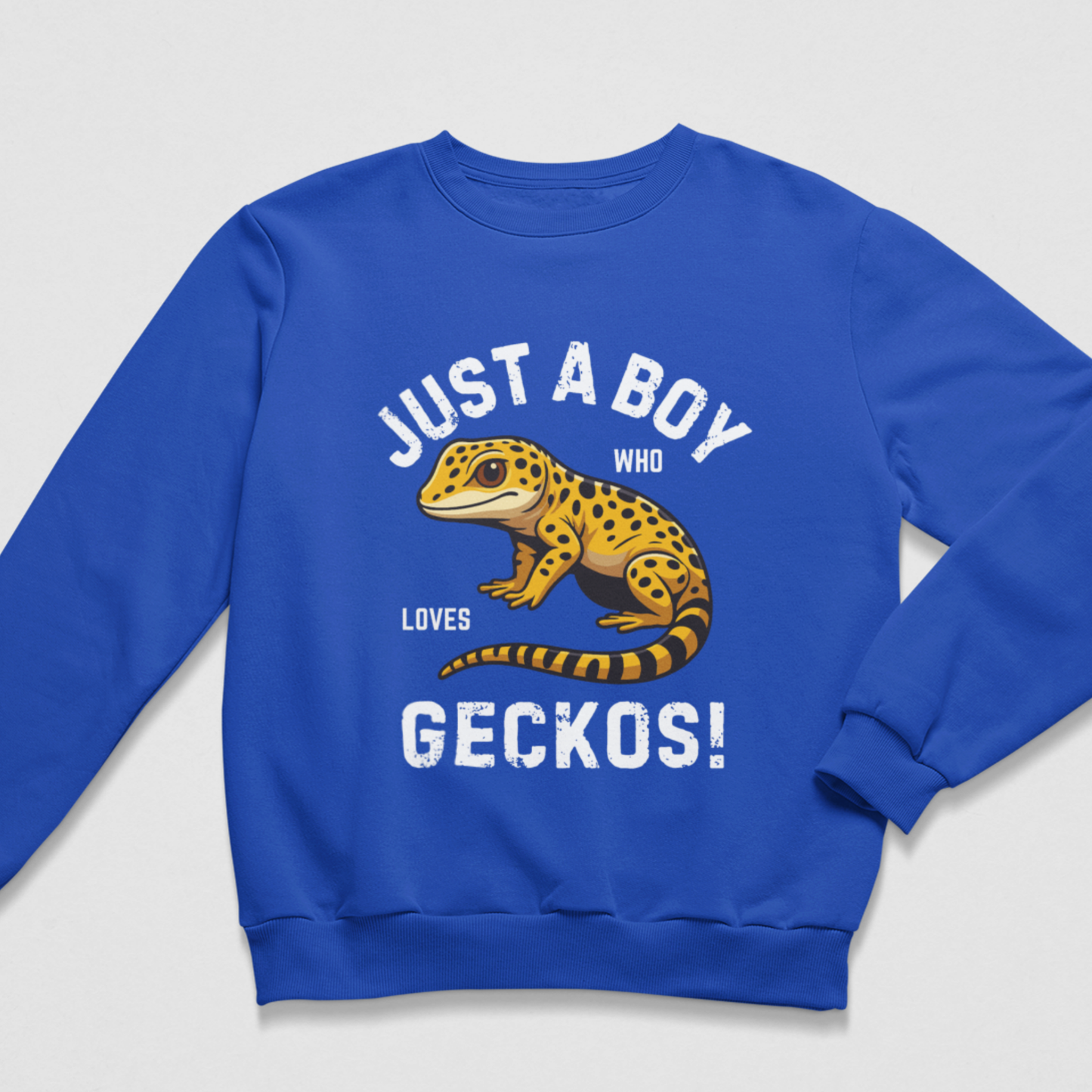 Royal blue boys sweatshirt featuring a yellow spotted gecko with bold white gecko lover text across the front.