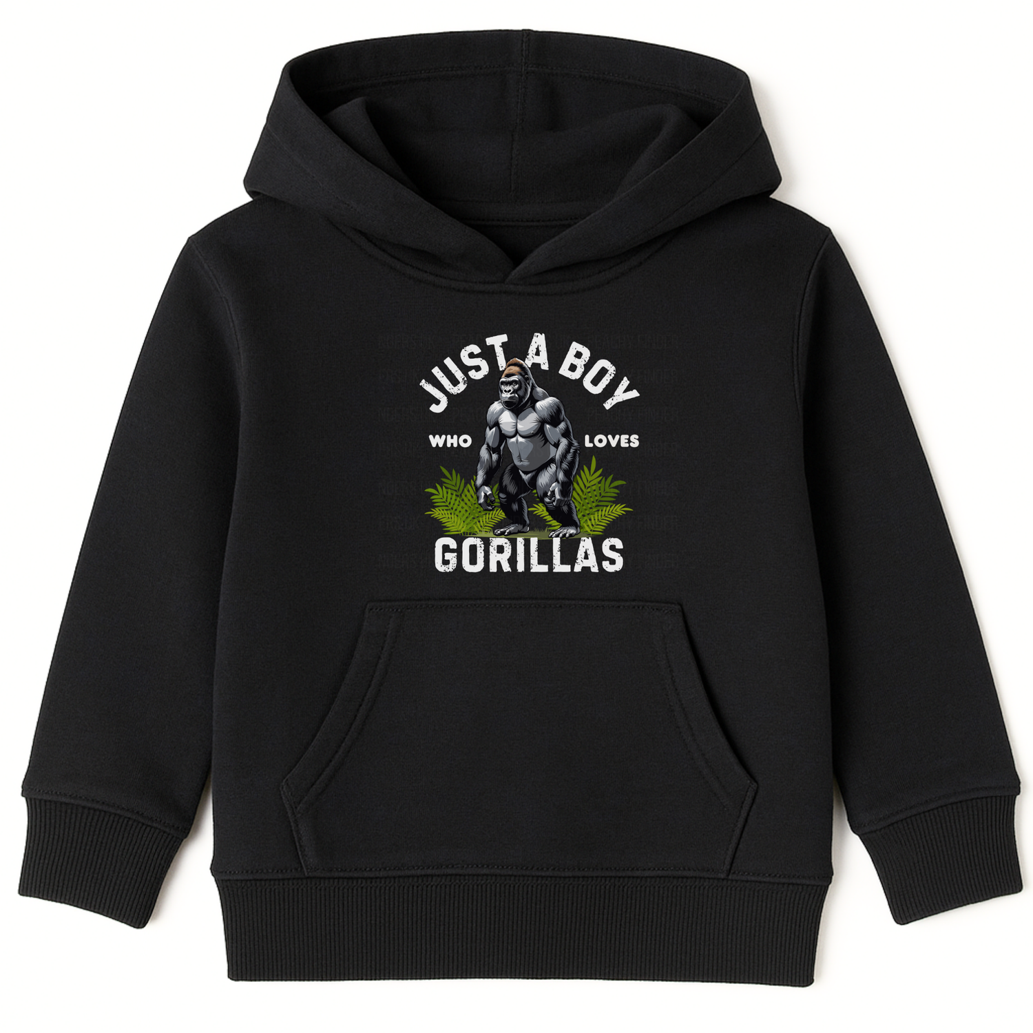Kids black hoodie with a graphic gorilla and the slogan "Just A Boy Who Loves Gorillas."
