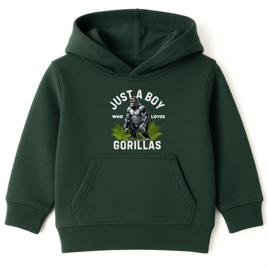 Kids dark green hoodie with a graphic gorilla and the slogan "Just A Boy Who Loves Gorillas."