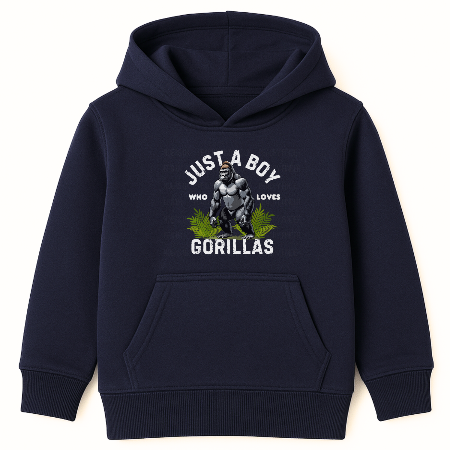 Kids navy hoodie with a graphic gorilla and the slogan "Just A Boy Who Loves Gorillas."