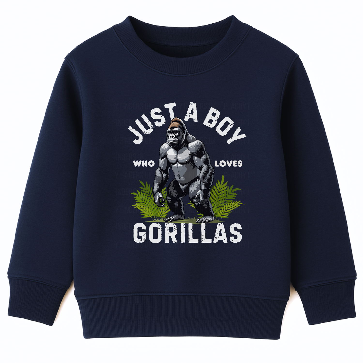 Kids navy sweatshirt with “Just a Boy Who Loves Gorillas” text and gorilla graphic over green leaves, flat lay on white background.