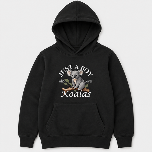 Boys black pullover hoodie featuring a cute graphic of a koala sitting on a tree branch with the words “Just A Boy Who Loves Koalas” printed above and below in white text.