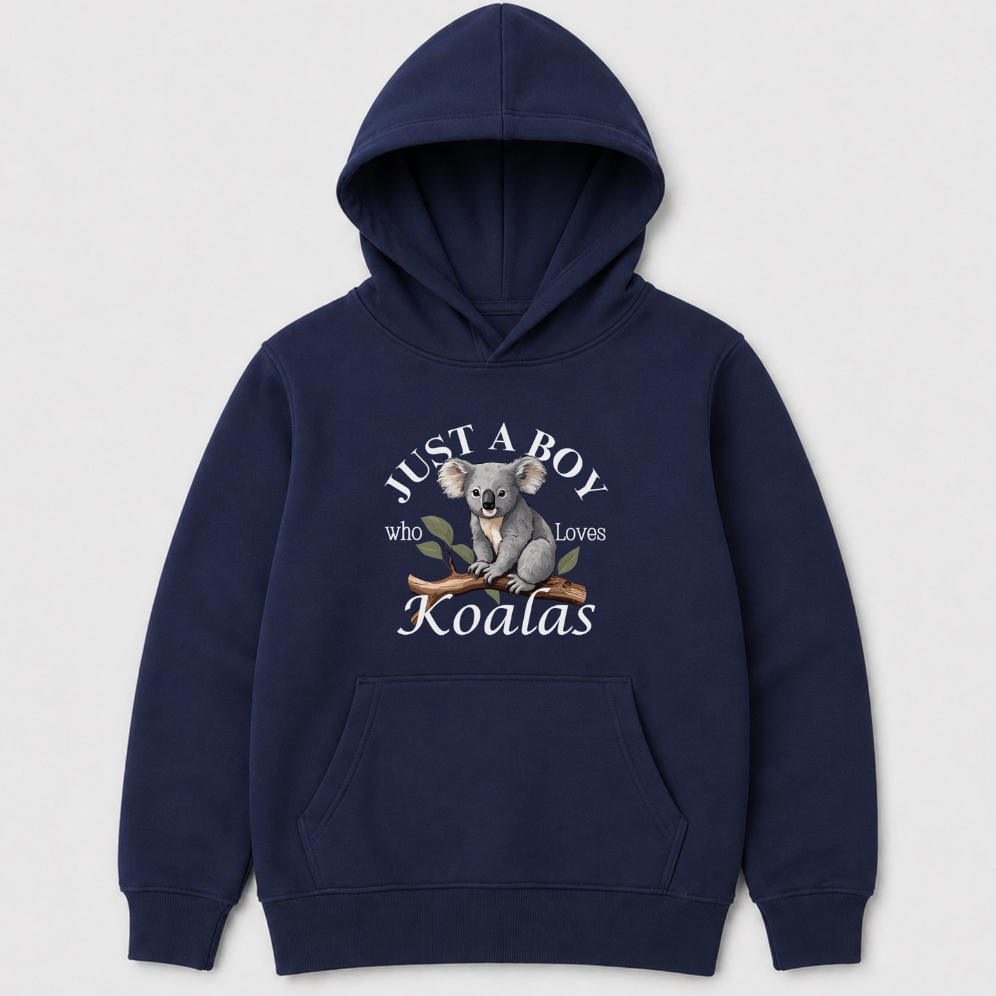 Navy boys pullover hoodie featuring a cute graphic of a koala sitting on a tree branch with the words “Just A Boy Who Loves Koalas” printed above and below in white text.
