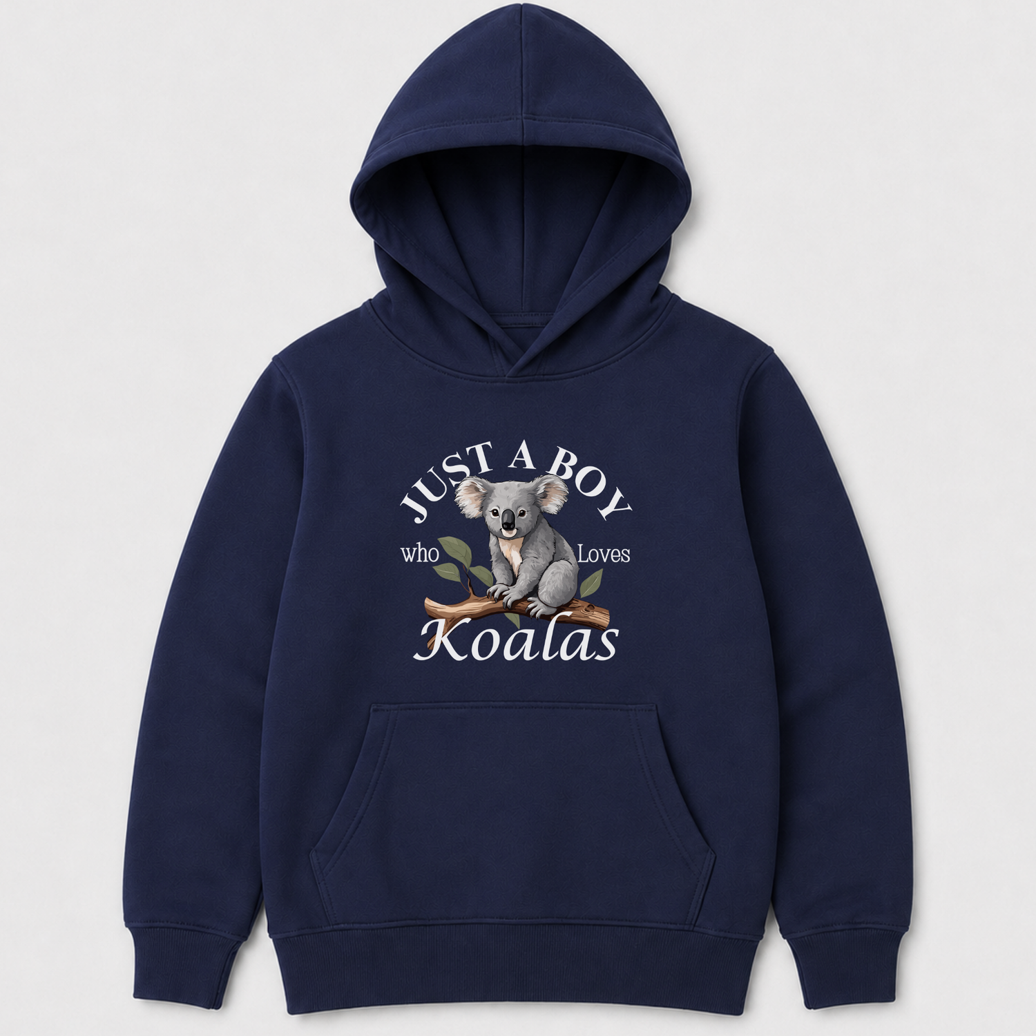 Navy boys pullover hoodie featuring a cute graphic of a koala sitting on a tree branch with the words “Just A Boy Who Loves Koalas” printed above and below in white text.