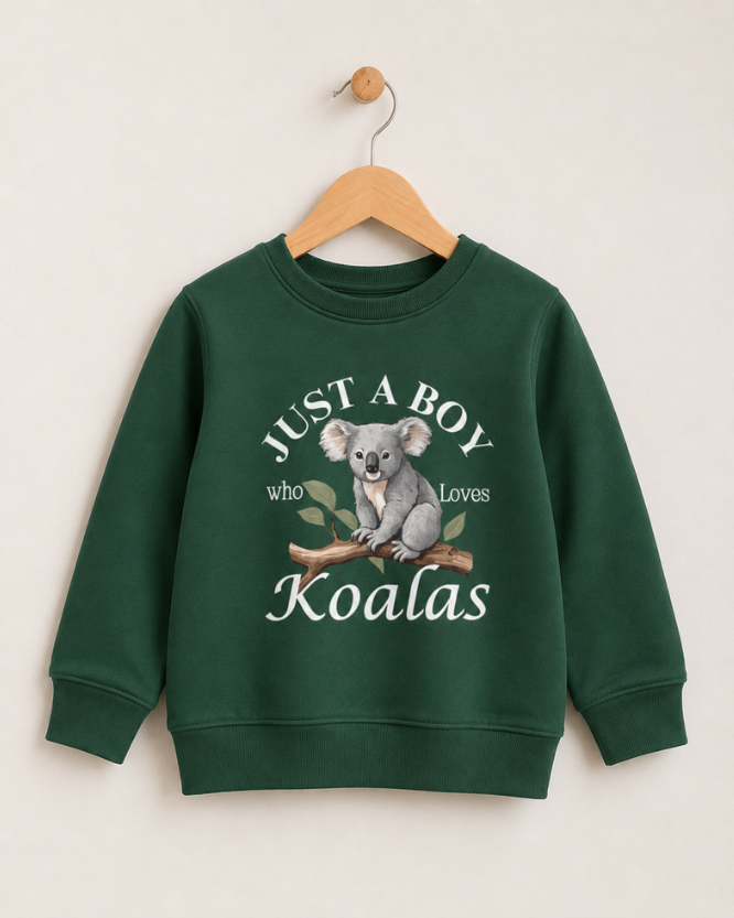 Boys dark green Koala jumper style on a wooden hanger