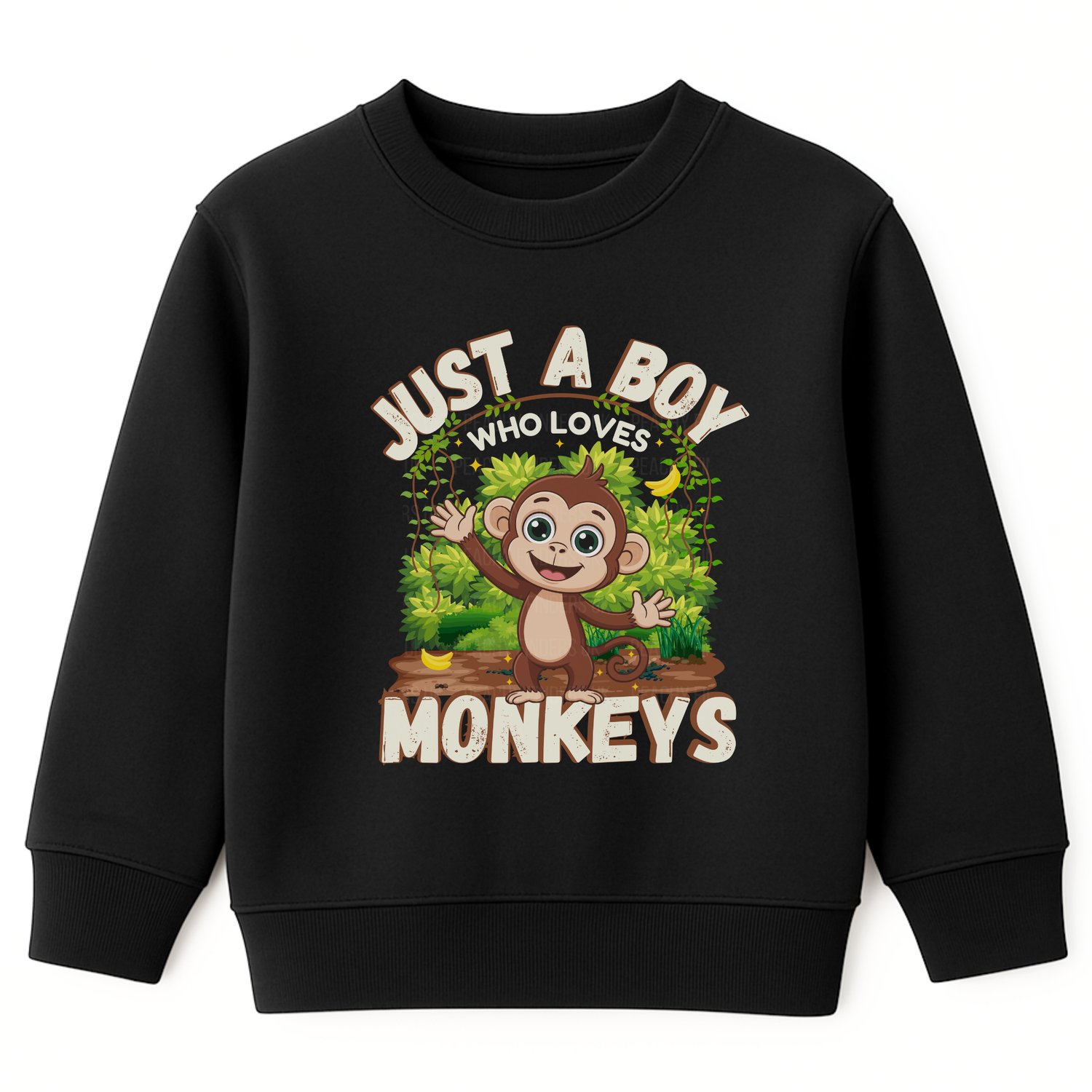 Kids black sweatshirt with monkey graphic and slogan “Just a Boy Who Loves Monkeys” front view
