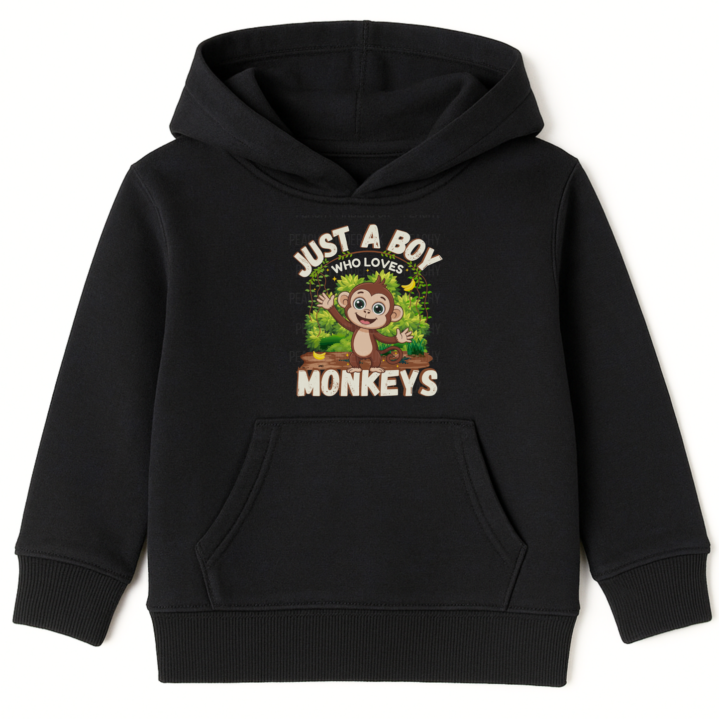 Black kids hoodie with Just a Boy Who Loves Monkeys cute monkey graphic design