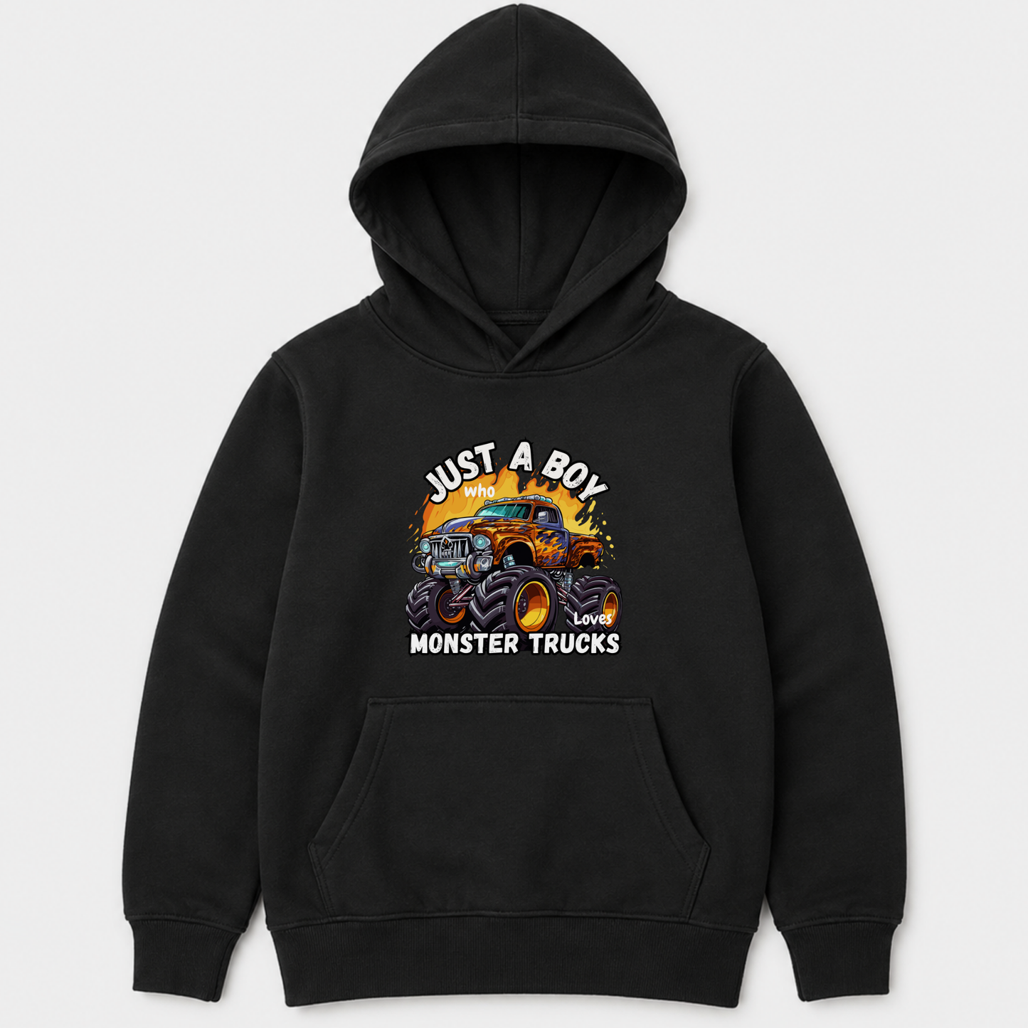 Boys black hoodie with just a boy who loves monster trucks colourful graphic print on the front - flat lay product