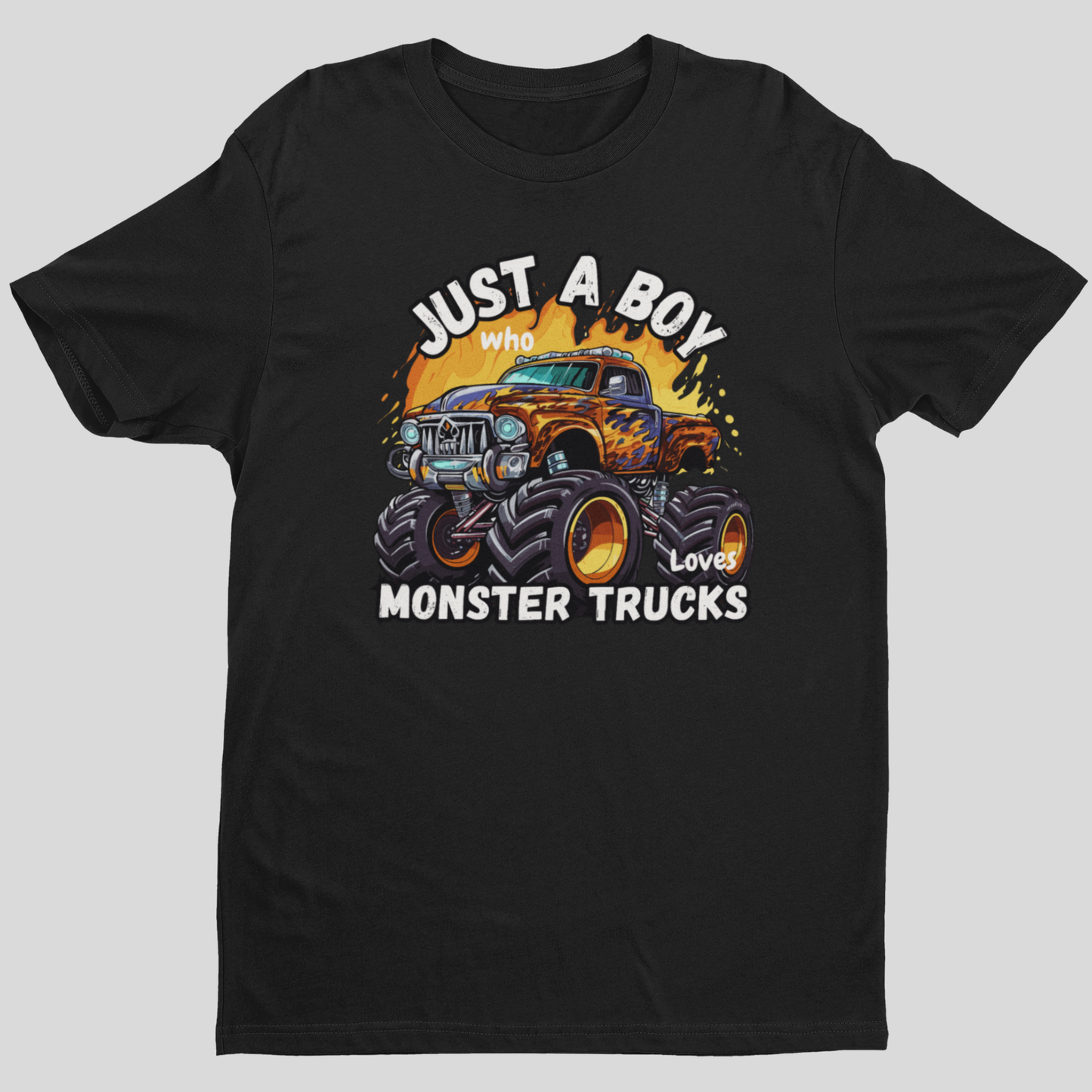 Boys black cotton T-shirt with the text 'JUST A BOY who loves Monster Trucks'  and fierce looking truck printed on the front.