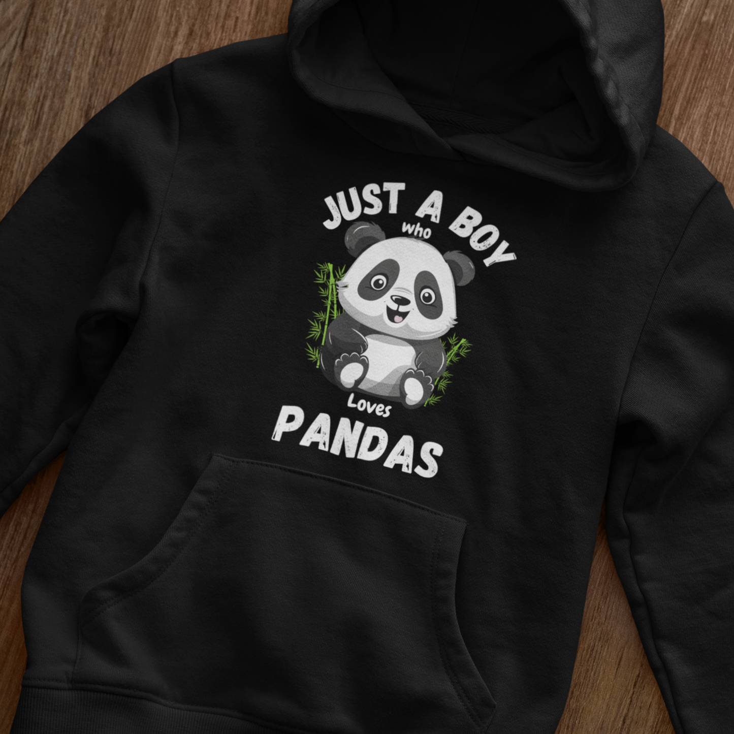 kids black hoodie with printed panda design 'just a boy who loves Pandas'