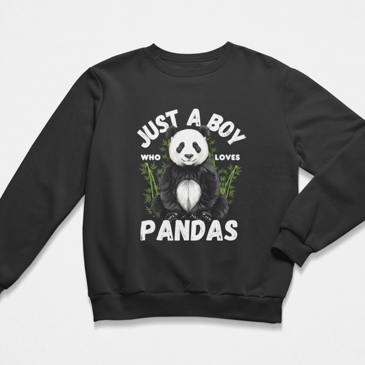 Boys sweatshirt in black with a "Just a boy who loves Pandas" design and text on a white background