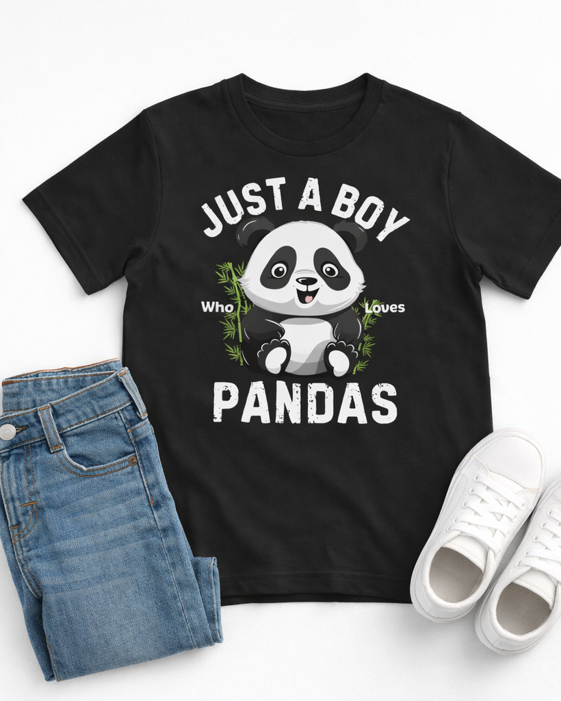Kids black t-shirt with panda design and 'just a boy who loves pandas' slogan, paired with jeans and white sneakers on a white background