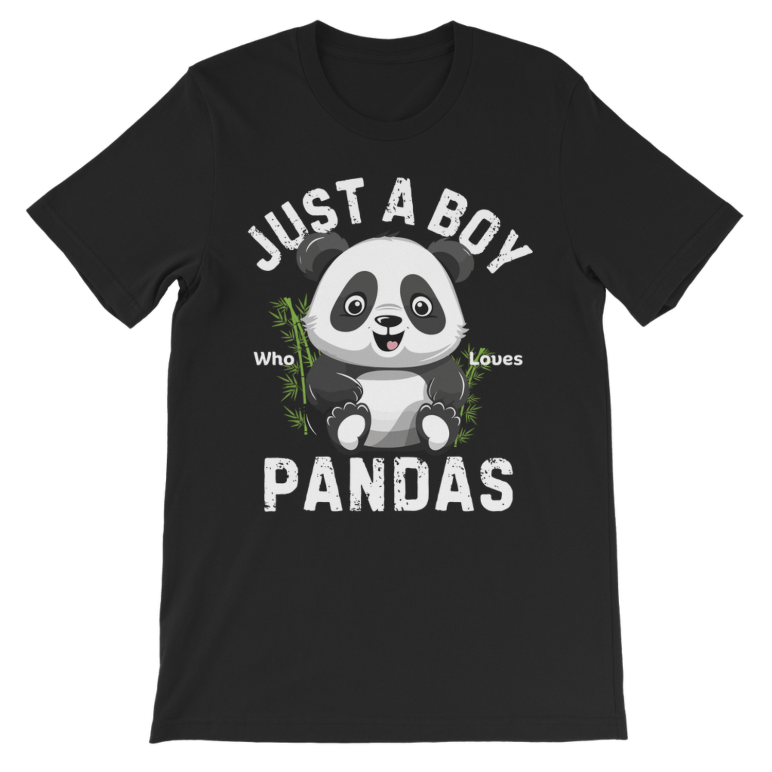 Black kids panda t-shirt with “Just a Boy Who Loves Pandas” printed graphic front view