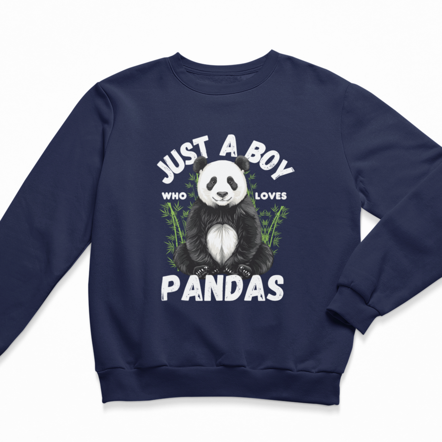 Boys sweatshirt in navy with a "Just a boy who loves Pandas" design and text on a white background