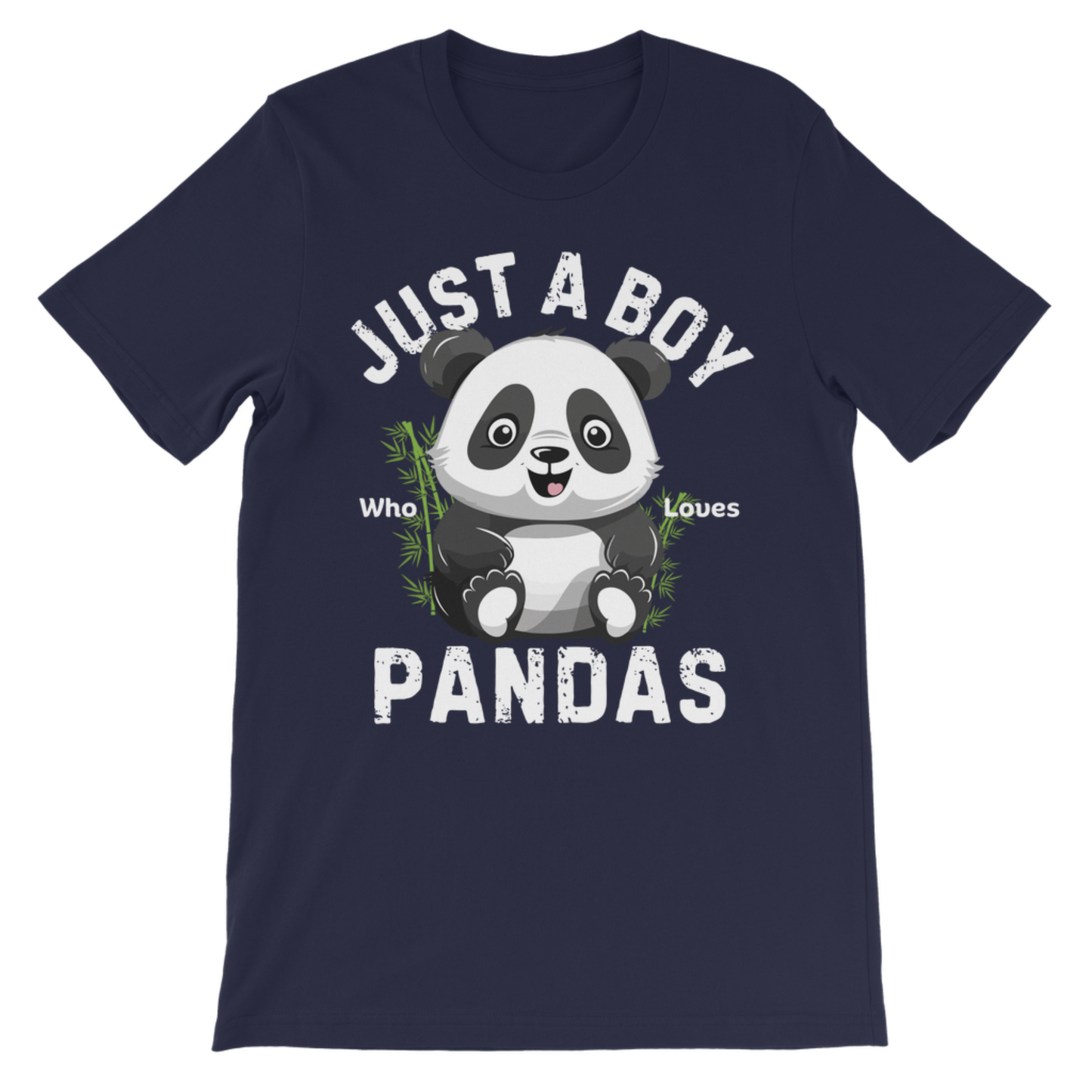Navy blue kids panda t-shirt featuring “Just a Boy Who Loves Pandas” design front view