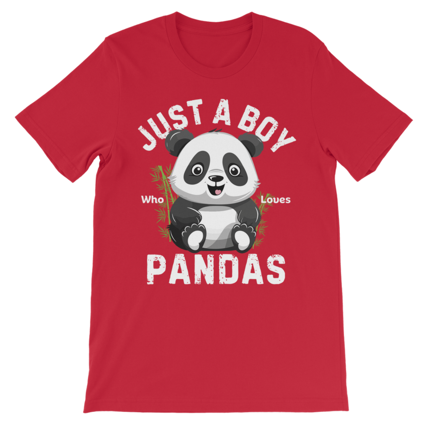 Red children’s panda t-shirt with “Just a Boy Who Loves Pandas” animal print front view
