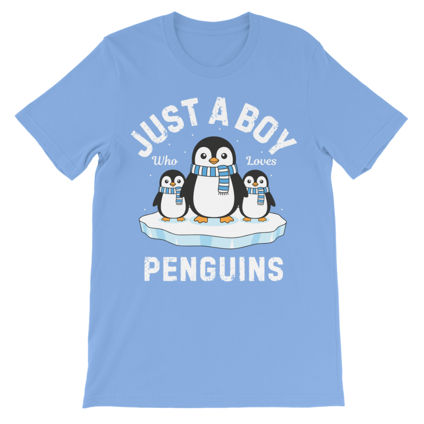 Light blue boys’ T-shirt featuring three penguins in striped scarves on an ice floe and “Just a Boy Who Loves Penguins” lettering.