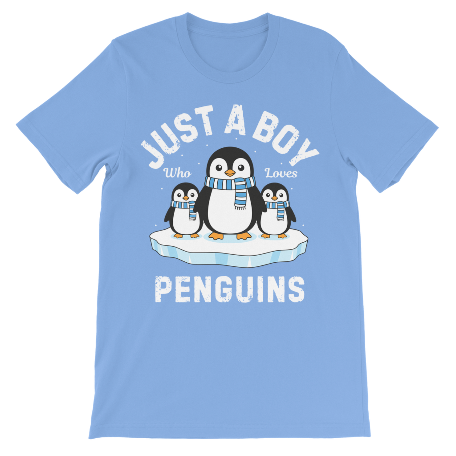 Light blue boys’ T-shirt featuring three penguins in striped scarves on an ice floe and “Just a Boy Who Loves Penguins” lettering.