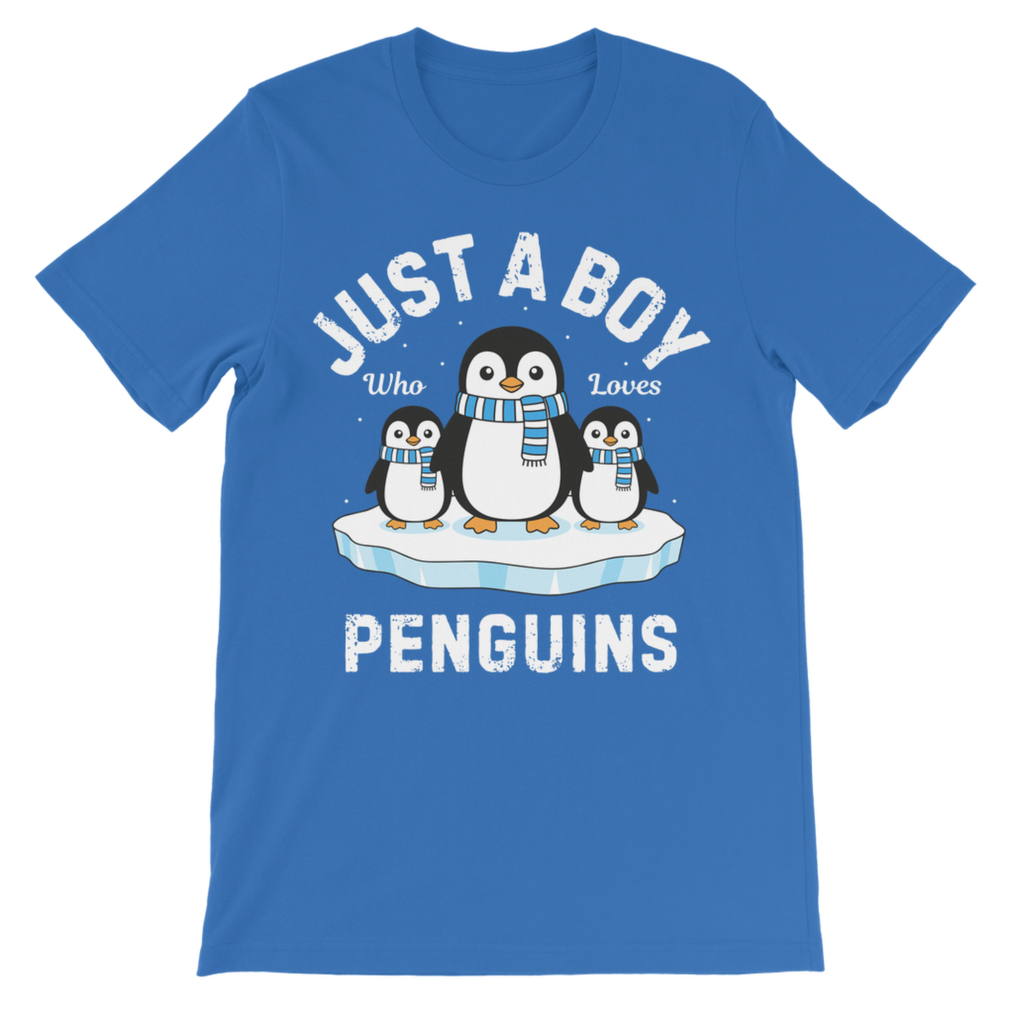 A kids royal blue short-sleeve t-shirt with a graphic of three penguins on an ice floe wearing blue and white scarves, with the text 'JUST A BOY Who Loves PENGUINS' printed in white.