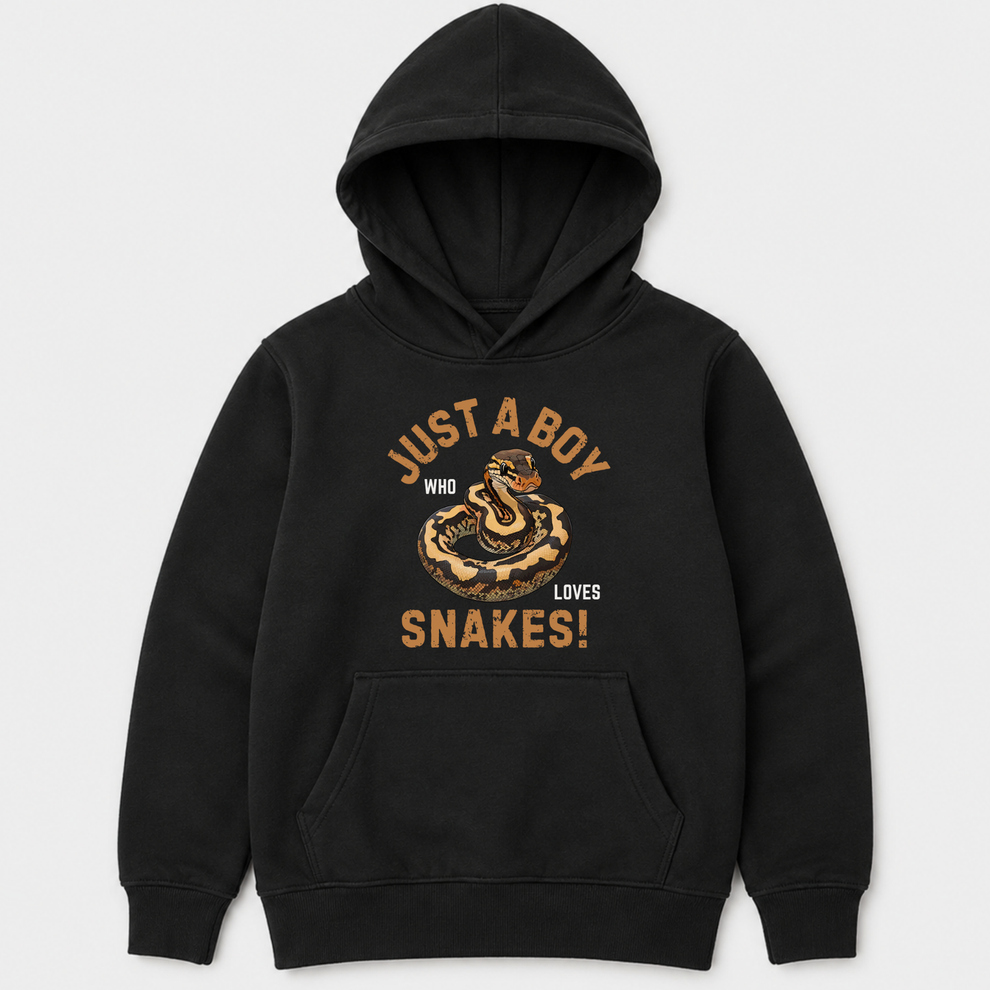 A kids black pullover hoodie with a front graphic that reads 'JUST A BOY WHO LOVES SNAKES!' in tan and brown, featuring a coiled ball python illustration on the chest, shown against a light grey background.