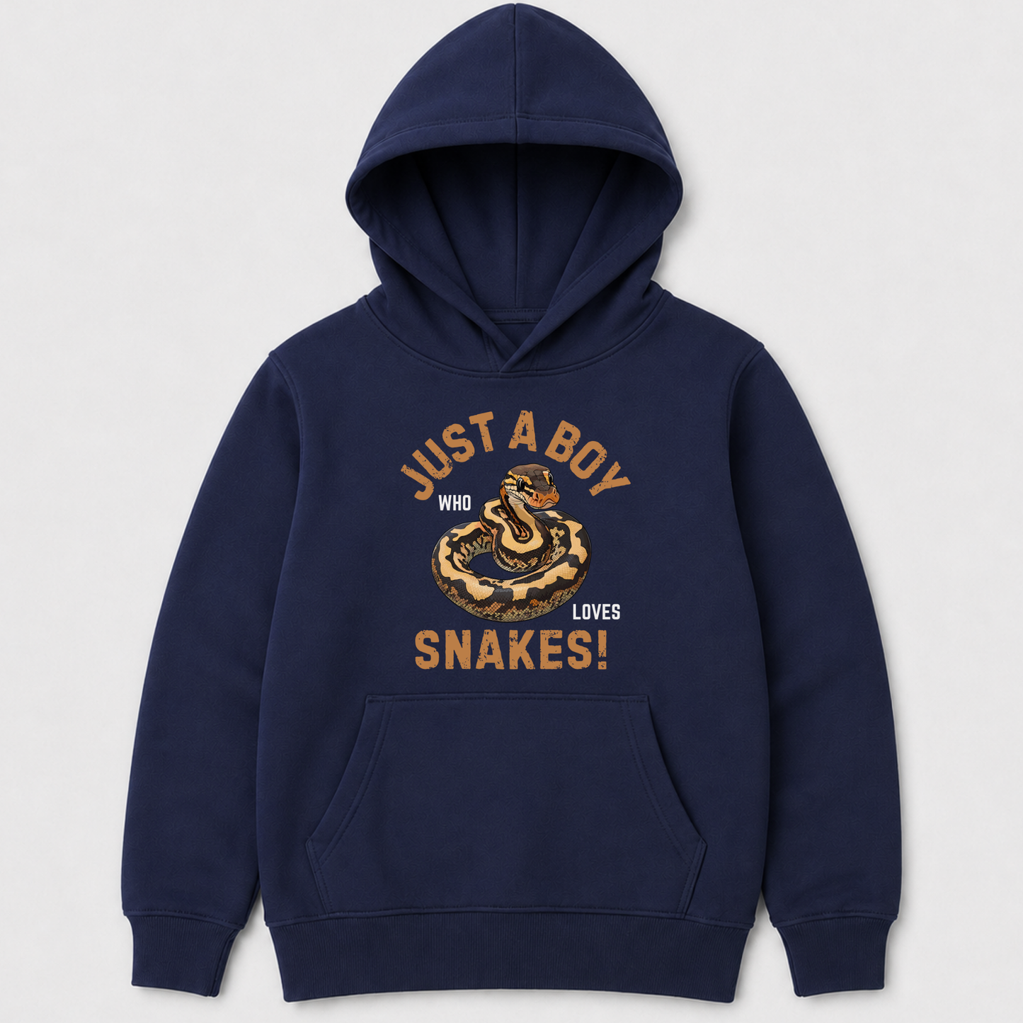 A kids navy blue pullover hoodie with a front graphic that reads 'JUST A BOY WHO LOVES SNAKES!' in tan and black, featuring a coiled ball python illustration on the chest, shown against a light grey background.
