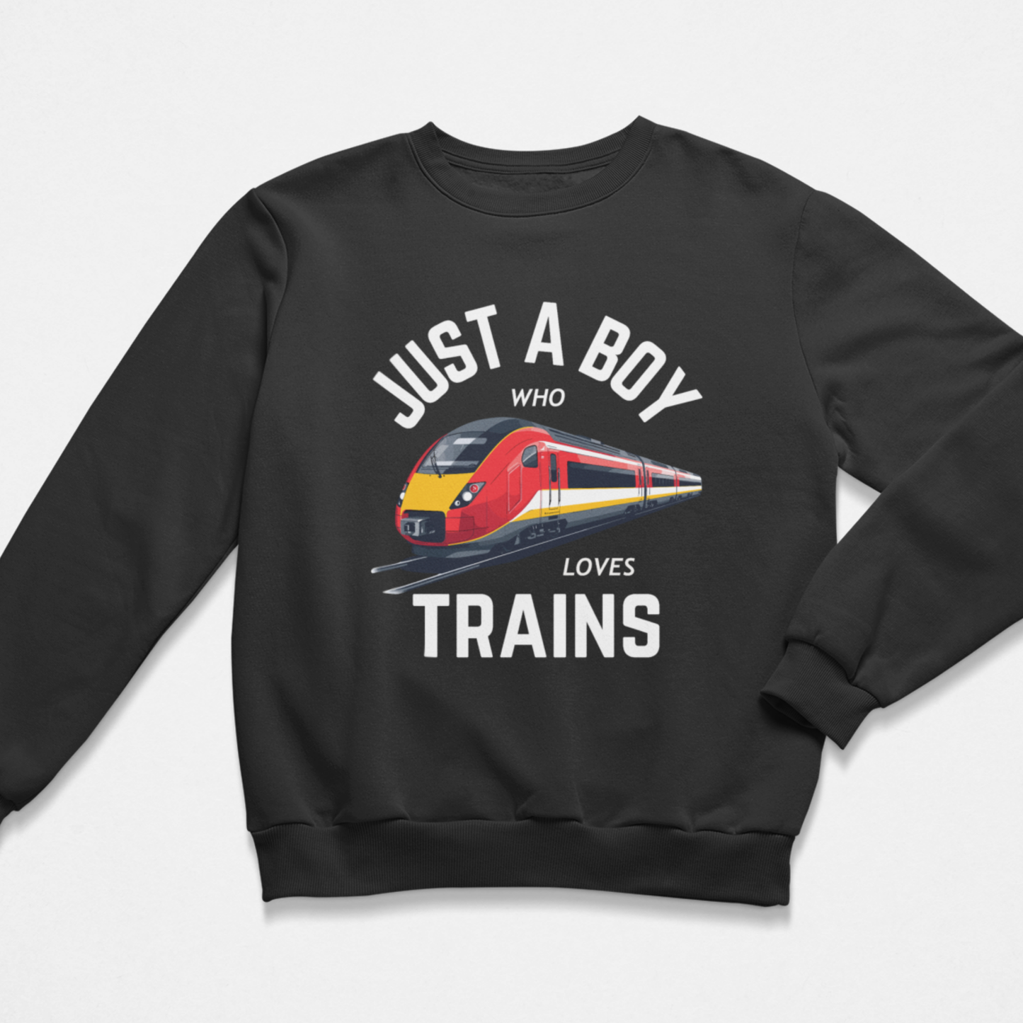 Kids black sweatshirt with “Just a Boy Who Loves Trains” text and red modern train graphic on the front.