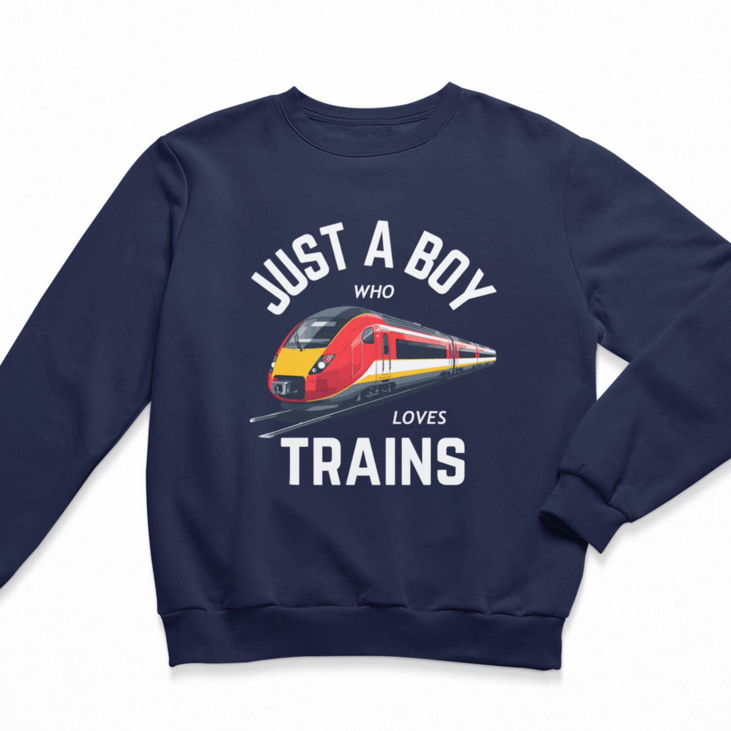Navy kids sweatshirt with “Just a Boy Who Loves Trains” text and red modern train graphic on the front.